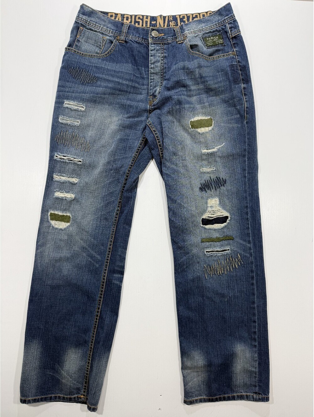 Parish Nation Mens 36 Distressed Button Fly Jeans Y2K Health Wealth Wisdom